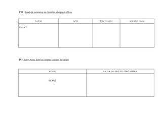 VIII - Fonds de commerce ou clientèles, charges et offices


                 NATURE                                      ACTIF   ENDETTEMENT                 RESULTAT FISCAL


NEANT




IX - Autres biens, dont les comptes courants de société




                                 NATURE                                VALEUR A LA DATE DE LA DECLARATION




                                NEANT
 
