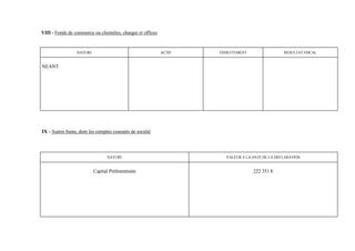 VIII - Fonds de commerce ou clientèles, charges et offices


                 NATURE                                      ACTIF   ENDETTEMENT                 RESULTAT FISCAL


NEANT




IX - Autres biens, dont les comptes courants de société




                                 NATURE                                VALEUR A LA DATE DE LA DECLARATION


                          Capital Préfonretraite                                   222 351 €
 