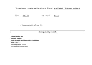 Déclaration de situation patrimoniale au titre de : Ministre de l’éducation nationale


         NOM:              PEILLON                                 PRENOM:    Vincent




                         Déclaration actualisée au 31 mars 2013




                                                         Renseignements personnels

Année de naissance : 1960
Profession : professeur
Régime matrimonial : marié sous le régime de la communauté
Enfants à charge : 2
Profession du conjoint : journaliste
Autres mandats ou fonctions : néant
 