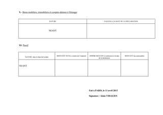 X - Biens mobiliers, immobiliers et comptes détenus à l'étranger


                                          NATURE                                                          VALEUR A LA DATE DE LA DECLARATION




                                          NEANT




XI- Passif



                                                   MONTANT TOTAL et durée de l’emprunt   SOMME RESTANT à rembourser à la date   MONTANT des mensualités
      NATURE, date et objet de la dette
                                                                                                 de la déclaration



NEANT




                                                                                         Fait à PARIS, le 11 avril 2013

                                                                                         Signature : Alain VIDALIES
 
