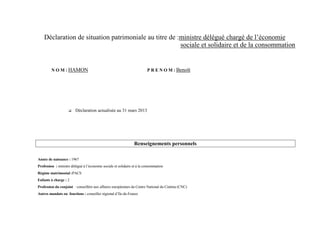 Déclaration de situation patrimoniale au titre de :ministre délégué chargé de l’économie
                                                       sociale et solidaire et de la consommation


         N O M : HAMON                                                   P R E N O M : Benoît




                         Déclaration actualisée au 31 mars 2013




                                                                Renseignements personnels

Année de naissance : 1967
Profession : ministre délégué à l’économie sociale et solidaire et à la consommation
Régime matrimonial :PACS
Enfants à charge : 2
Profession du conjoint : conseillère aux affaires européennes du Centre National du Cinéma (CNC)
Autres mandats ou fonctions : conseiller régional d’Ile-de-France
 