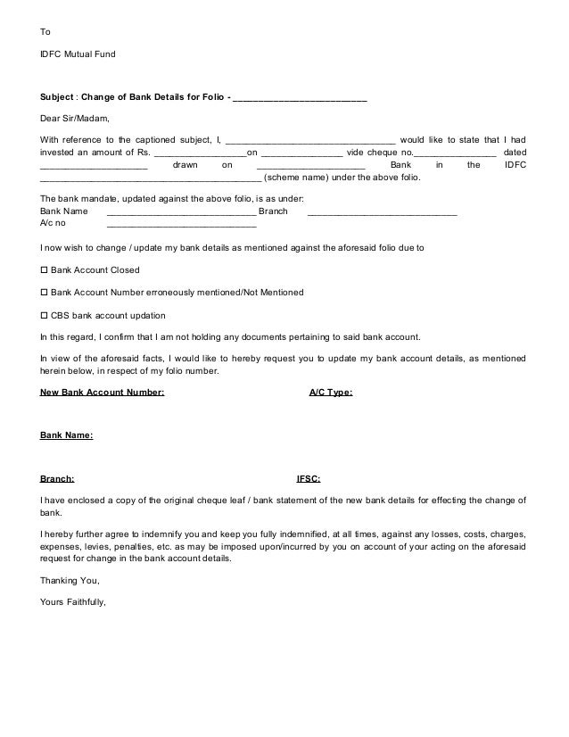 Declaration for change of bank mandate