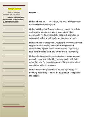 •

Highlight Key words

•
Rewrite important
phrases in your own words
•
Explain the purpose of
this portion of the Declaration
of Independence below
_______________________________________
_______________________________________
_______________________________________
_______________________________________
_______________________________________
_______________________________________
_______________________________________
_______________________________________
_______________________________________
_______________________________________
_______________________________________
_______________________________________

Group #2

He has refused his Assent to Laws, the most wholesome and
necessary for the public good.
He has forbidden his Governors to pass Laws of immediate
and pressing importance, unless suspended in their
operation till his Assent should be obtained; and when so
suspended, he has utterly neglected to attend to them.
He has refused to pass other Laws for the accommodation of
large districts of people, unless those people would
relinquish the right of Representation in the Legislature, a
right inestimable to them and formidable to tyrants only.
He has called together legislative bodies at places unusual,
uncomfortable, and distant from the depository of their
public Records, for the sole purpose of fatiguing them into
compliance with his measures.

_______________________________________
_______________________________________
_______________________________________
_______________________________________
_______________________________________
_______________________________________
_______________________________________
_______________________________________
_______________________________________
_______________________________________
______________________________

He has dissolved Representative Houses repeatedly, for
opposing with manly firmness his invasions on the rights of
the people.

 