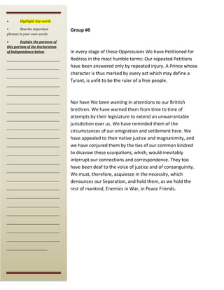 •

Highlight Key words

•
Rewrite important
phrases in your own words
•
Explain the purpose of
this portion of the Declaration
of Independence below
_______________________________________
_______________________________________
_______________________________________
_______________________________________

Group #6

In every stage of these Oppressions We have Petitioned for
Redress in the most humble terms: Our repeated Petitions
have been answered only by repeated injury. A Prince whose
character is thus marked by every act which may define a
Tyrant, is unfit to be the ruler of a free people.

_______________________________________
_______________________________________
_______________________________________
_______________________________________
_______________________________________
_______________________________________
_______________________________________
_______________________________________
_______________________________________
_______________________________________
_______________________________________
_______________________________________
_______________________________________
_______________________________________
_______________________________________
_______________________________________
_______________________________________
_______________________________________
______________________________

Nor have We been wanting in attentions to our Brittish
brethren. We have warned them from time to time of
attempts by their legislature to extend an unwarrantable
jurisdiction over us. We have reminded them of the
circumstances of our emigration and settlement here. We
have appealed to their native justice and magnanimity, and
we have conjured them by the ties of our common kindred
to disavow these usurpations, which, would inevitably
interrupt our connections and correspondence. They too
have been deaf to the voice of justice and of consanguinity.
We must, therefore, acquiesce in the necessity, which
denounces our Separation, and hold them, as we hold the
rest of mankind, Enemies in War, in Peace Friends.

 
