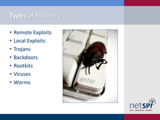 Types of Malware

•   Remote Exploits
•   Local Exploits
•   Trojans
•   Backdoors
•   Rootkits
•   Viruses
•   Worms
 