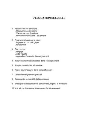 L’ÉDUCATION SEXUELLE


1. Reconnaître les émotions
   ...Résoudre nos émotions
   ...Vivre avec nos émotions
   ...éducation individuelle / de groupe

2. Programme basé sur le client
   ...logique, et non biologique
   ...fonctionnel

3. Être concret
   ...langage
   ...aide visuelle
   ...approches / matériel d’enseignement

4. Inclure les normes culturelles dans l’enseignement

5. Adapter quand c’est nécessaire

6. Tester pour s’assurer de la compréhension

7. Utiliser l’enseignement graduel

8. Reconnaître la moralité de la personne

9. Enseigner la responsabilité personnelle, légale, et médicale

10. Voir s’il y a des contradictions dans l’environnement
 