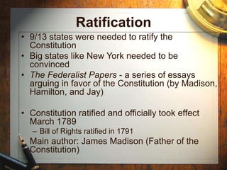 Ratification
• 9/13 states were needed to ratify the
Constitution
• Big states like New York needed to be
convinced
• The Federalist Papers - a series of essays
arguing in favor of the Constitution (by Madison,
Hamilton, and Jay)
• Constitution ratified and officially took effect
March 1789
– Bill of Rights ratified in 1791
• Main author: James Madison (Father of the
Constitution)
 