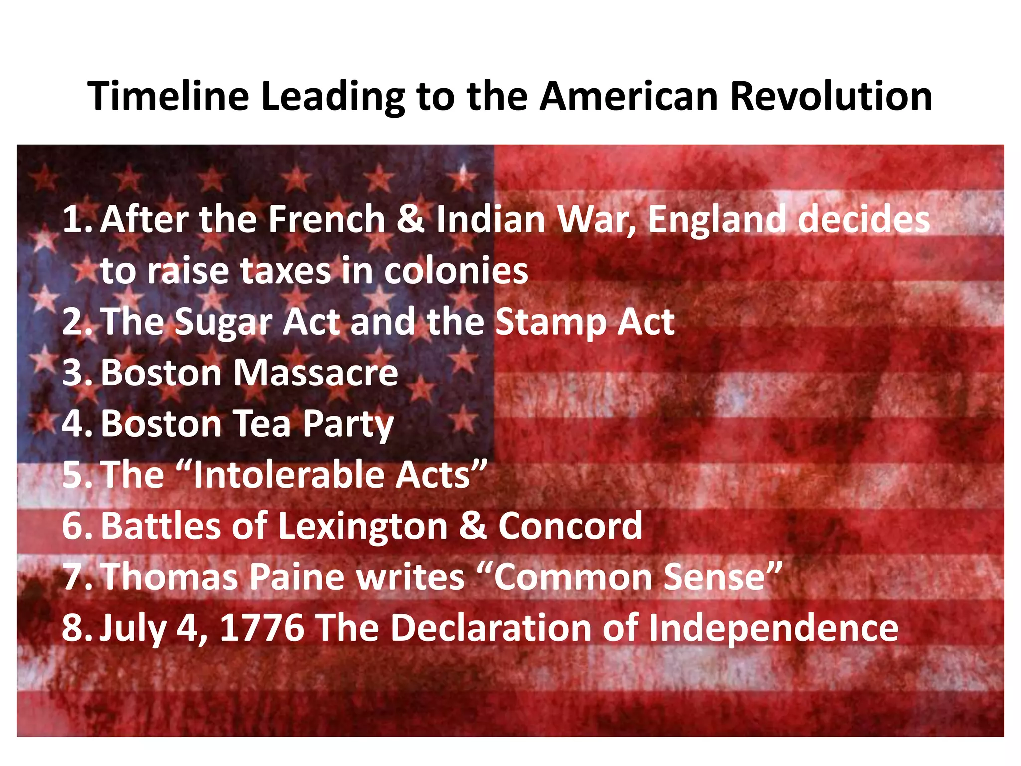 Timeline Leading to the American Revolution
1. After the French & Indian War, England decides
to raise taxes in colonies
2. The Sugar Act and the Stamp Act
3. Boston Massacre
4. Boston Tea Party
5. The “Intolerable Acts”
6. Battles of Lexington & Concord
7. Thomas Paine writes “Common Sense”
8. July 4, 1776 The Declaration of Independence

 
