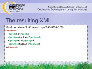 The resulting XML <?xml version=&quot;1.0&quot; encoding=&quot;ISO-8859-1&quot;?> < Person > < getId >1</ getId > < getName >schst</ getName > < getAge >33</ getAge > < getRole >admin</ getRole > </ Person > 