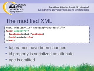 The modified XML <?xml version=&quot;1.0&quot; encoding=&quot;ISO-8859-1&quot;?> < user   userId=&quot;1&quot; > < realname >schst</ realname > < role >admin</ role > </ user > tag names have been changed id property is serialized as attribute age is omitted 