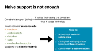 Naive support is not enough
Constraint support (naive) = 

Issue: consider response(a,b)
• <a,c,b,a>
• <c,d,e,c,d,e,f>

• <b,c,d,e>

• <a,b>

• <a,a,b,a,b,a,b,a,a,a,b>

Support: 4/5 (not informative)
# traces that satisfy the constraint
total # traces in the log
Need to:

1. Account for vacuous
satisfaction

2. Distinguish satisfying traces
based on interestingness

3. De
fi
ne event-based measures
 