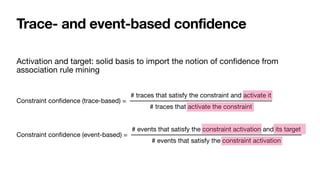 Trace- and event-based confidence
Activation and target: solid basis to import the notion of con
fi
dence from
association rule mining

Constraint con
fi
dence (trace-based) = 

Constraint con
fi
dence (event-based) = 

# traces that satisfy the constraint and activate it
# traces that activate the constraint
# events that satisfy the constraint activation and its target
# events that satisfy the constraint activation
 