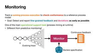 Monitoring
Track a running process execution to check conformance to a reference process
model

• Goal: Detect and report
fi
ne-grained feedback and deviations as early as possible

One of the main operational support task (process mining at runtime)

• Di
ff
erent from predictive monitoring!
…
…
t
…
…
…
Evolving trace
Declare speci
fi
cation
Monitor
Continuous feedback
 