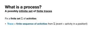 What is a process?
A possibly in
fi
nite set of
fi
nite traces
Fix a
fi
nite set of activities

• Trace =
fi
nite sequence of activities from (event = activity in a position!) 

Σ
Σ
 