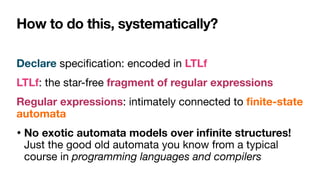 How to do this, systematically?
Declare speci
fi
cation: encoded in LTLf

LTLf: the star-free fragment of regular expressions

Regular expressions: intimately connected to
fi
nite-state
automata

• No exotic automata models over in
fi
nite structures!
Just the good old automata you know from a typical
course in programming languages and compilers
 