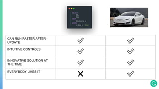 CAN RUN FASTER AFTER
UPDATE ✅ ✅
INTUITIVE CONTROLS
✅ ✅
INNOVATIVE SOLUTION AT
THE TIME ✅ ✅
EVERYBODY LIKES IT
❌ ✅
 