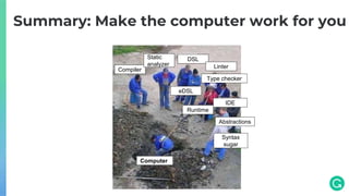Summary: Make the computer work for you
Compiler
Static
analyzer
Computer
DSL
eDSL
Linter
Type checker
IDE
Syntax
sugar
Runtime
Abstractions
 