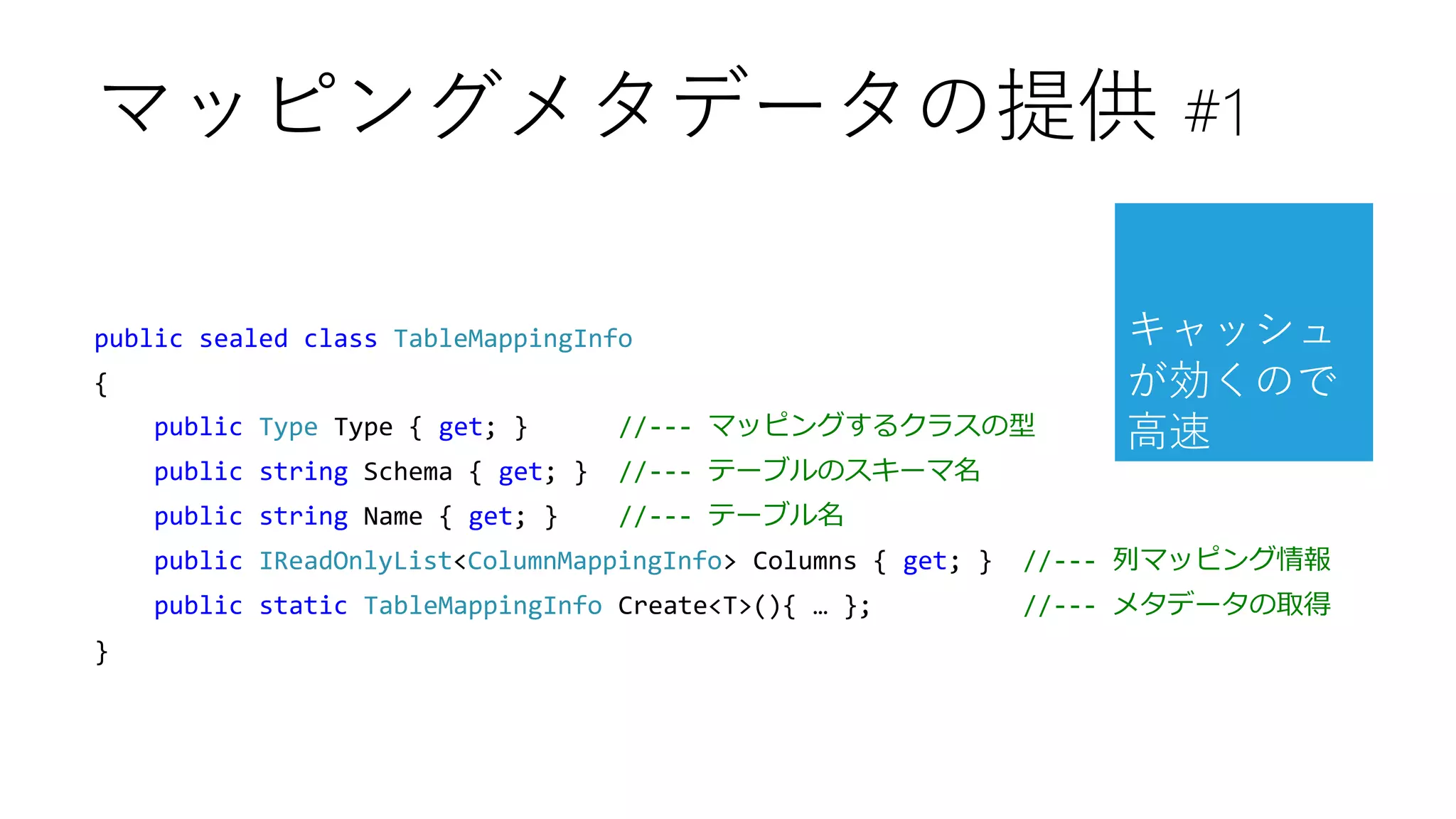 public sealed class TableMappingInfo
{
public Type Type { get; } //--- マッピングするクラスの型
public string Schema { get; } //--- テーブルのスキーマ名
public string Name { get; } //--- テーブル名
public IReadOnlyList<ColumnMappingInfo> Columns { get; } //--- 列マッピング情報
public static TableMappingInfo Create<T>(){ … }; //--- メタデータの取得
}
マッピングメタデータの提供 #1
キャッシュ
が効くので
高速
 