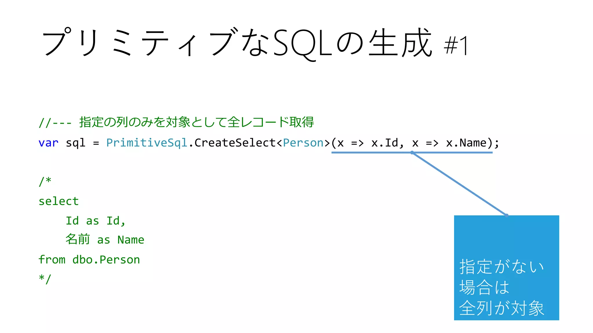 //--- 指定の列のみを対象として全レコード取得
var sql = PrimitiveSql.CreateSelect<Person>(x => x.Id, x => x.Name);
/*
select
Id as Id,
名前 as Name
from dbo.Person
*/
プリミティブなSQLの生成 #1
指定がない
場合は
全列が対象
 