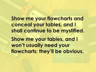 Show me your flowcharts and
conceal your tables, and I
shall continue to be mystified.
Show me your tables, and I
won’t usually need your
flowcharts; they’ll be obvious.
 