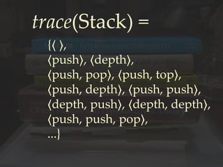 trace(Stack) =
{⟨ ⟩,
⟨push⟩, ⟨depth⟩,
⟨push, pop⟩, ⟨push, top⟩,
⟨push, depth⟩, ⟨push, push⟩,
⟨depth, push⟩, ⟨depth, depth⟩,
⟨push, push, pop⟩,
...}
 