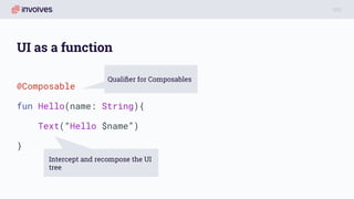 UI as a function
@Composable
fun Hello(name: String){
Text(“Hello $name”)
}
Qualiﬁer for Composables
Intercept and recompose the UI
tree
 
