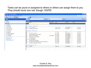 Tasks can be yours or assigned to others or others can assign them to you. They should never turn red, though. OOPS! 