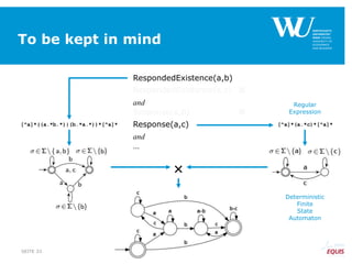 To be kept in mind
RespondedExistence(a,b)
RespondedExistence(a,c) 
and
Response(a,b) 
Response(a,c)
and
…
SEITE 33
[^a]*((a.*b.*)|(b.*a.*))*[^a]* [^a]*(a.*c)*[^a]*

Regular
Expression
Deterministic
Finite
State
Automaton
 