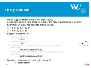 The problem
 When support threshold is lower than 100%,
constraints can be valid through most of the log, though being in conflict
 Example: an event log consists of two traces:
1. <a, b, a, b, a, b, c>
2. <a, b, a, b, a, c>
 Support threshold: 0.7
• a is always the first
 Init(a)
• c is always the last
 End(c)
• In 6 cases over 8 (75%), a and c do not directly follow
each other
 NotChainSuccession(a,c)
• In 5 cases over 7 (71.143%), a and b do not directly follow
each other
 NotChainSuccession(b,c)
 Question: what can be done right before c?
 inconsistency!
SEITE 41
 