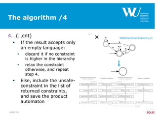 The algorithm /4
4. (…cnt)
 If the result accepts only
an empty language:
 discard it if no constraint
is higher in the hierarchy
 relax the constraint
otherwise, and repeat
step 4.
 Else, include the unsafe-
constraint in the list of
returned constraints,
and save the product
automaton
SEITE 50

…
NotChainSuccession(b,c)
 