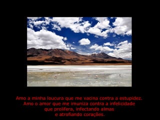 Amo a minha loucura que me vacina contra a estupidez.  Amo o amor que me imuniza contra a infelicidade  que prolifera, infectando almas  e atrofiando corações. 