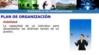 DESARROLLO DE EMPRENDEDORES 
PLAN DE ORGANIZACIÓN 
Habilidad 
La capacidad de un individuo para 
desempeñar las distintas tareas de un 
puesto. 
 