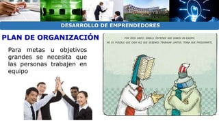 DESARROLLO DE EMPRENDEDORES 
PLAN DE ORGANIZACIÓN 
Para metas u objetivos 
grandes se necesita que 
las personas trabajen en 
equipo 
 