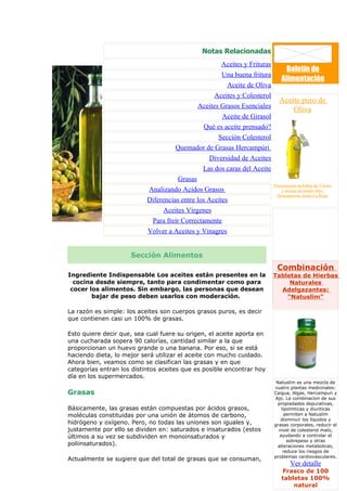 Notas Relacionadas
                                                      Aceites y Frituras
                                                                                 Boletín de
                                                      Una buena fritura
                                                                               Alimentación
                                                        Aceite de Oliva
                                                   Aceites y Colesterol
                                                                              Aceite puro de
                                             Aceites Grasos Esenciales
                                                                                  Oliva
                                                      Aceite de Girasol
                                                Qué es aceite prensado?
                                                    Sección Colesterol
                                     Quemador de Grasas Hercampúri
                                                 Diversidad de Aceites
                                               Las dos caras del Aceite
                                      Grasas
                                                                           Presentación en bidon de 5 litros
                           Analizando Acidos Grasos                            y envase de medio litro.
                                                                            Directamente desde La Rioja
                           Diferencias entre los Aceites
                                Aceites Vírgenes
                            Para freír Correctamente
                           Volver a Aceites y Vinagres


                     Sección Alimentos
                                                                            Combinación
Ingrediente Indispensable Los aceites están presentes en la                Tabletas de Hierbas
  cocina desde siempre, tanto para condimentar como para                        Naturales
 cocer los alimentos. Sin embargo, las personas que desean                   Adelgazantes:
        bajar de peso deben usarlos con moderación.                            "Natuslim"

La razón es simple: los aceites son cuerpos grasos puros, es decir
que contienen casi un 100% de grasas.

Esto quiere decir que, sea cual fuere su origen, el aceite aporta en
una cucharada sopera 90 calorías, cantidad similar a la que
proporcionan un huevo grande o una banana. Por eso, si se está
haciendo dieta, lo mejor será utilizar el aceite con mucho cuidado.
Ahora bien, veamos como se clasifican las grasas y en que
categorías entran los distintos aceites que es posible encontrar hoy
día en los supermercados.
                                                                            Natuslim es una mezcla de
                                                                           cuatro plantas medicinales:
Grasas                                                                     Caigua, Algas, Hercampuri y
                                                                           Ajo. La combinacion de sus
                                                                             propiedades depurativas,
Básicamente, las grasas están compuestas por ácidos grasos,                    lipolmticas y diuriticas
moléculas constituidas por una unión de átomos de carbono,                       permiten a Natuslim
                                                                              disminuir los líquidos y
hidrógeno y oxígeno. Pero, no todas las uniones son iguales y,             grasas corporales, reducir el
justamente por ello se dividen en: saturados e insaturados (estos            nivel de colesterol malo,
últimos a su vez se subdividen en monoinsaturados y                           ayudando a controlar el
                                                                                  sobrepeso y otras
poliinsaturados).                                                            alteraciones metabolicas,
                                                                                reduce los riesgos de
                                                                           problemas cardiovasculares.
Actualmente se sugiere que del total de grasas que se consuman,
                                                                                    Ver detalle
                                                                               Frasco de 100
                                                                               tabletas 100%
                                                                                   natural
 