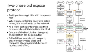 Two-phase bid expose
protocol
• Participants encrypt bids with temporary
keys
• When block containing encrypted bids is
mined, it is broadcasted to the network
• As a reply, participants broadcast their
temporary keys if their bid is in the block
• Content of the block is then decrypted
and allocation can be computed
• Full valid block consists of two parts,
preamble (encrypted bids), and
computed allocation (match between
requests and offers)
17
Create signed
bid
Participant
Encrypt signed
request with
temporary key
and send it
Miner A
Mine block
containing
encrypted
bids
Send block
Make
temporary key
public
Compute
Allocation
Send
allocation
suggestion
Confirm
or reject
suggestion
Rest of the
miners
Aggregate
encrypted
bids
Full block
ready,
share
computed
allocation
Aggregate
encrypted
bids
Verify block
Verify
decryption
and
allocation
Decrypt bids
Verify block
Phase I:
bidding
Phase II:
allocation
Decrypt bids
 