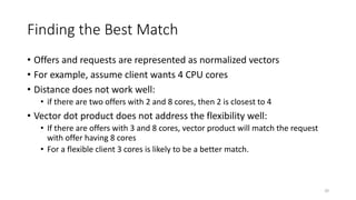 Finding the Best Match
• Offers and requests are represented as normalized vectors
• For example, assume client wants 4 CPU cores
• Distance does not work well:
• if there are two offers with 2 and 8 cores, then 2 is closest to 4
• Vector dot product does not address the flexibility well:
• If there are offers with 3 and 8 cores, vector product will match the request
with offer having 8 cores
• For a flexible client 3 cores is likely to be a better match.
20
 