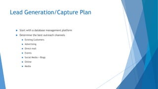 Lead Generation/Capture Plan
 Start with a database management platform
 Determine the best outreach channels
 Existing Customers
 Advertising
 Direct mail
 Events
 Social Media + Blogs
 Online
 Media
 