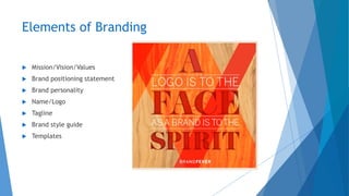 Elements of Branding
 Mission/Vision/Values
 Brand positioning statement
 Brand personality
 Name/Logo
 Tagline
 Brand style guide
 Templates
 