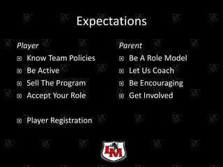 Expectations
Player                    Parent
 Know Team Policies       Be A Role Model

 Be Active                Let Us Coach

 Sell The Program         Be Encouraging

 Accept Your Role         Get Involved



   Player Registration
 