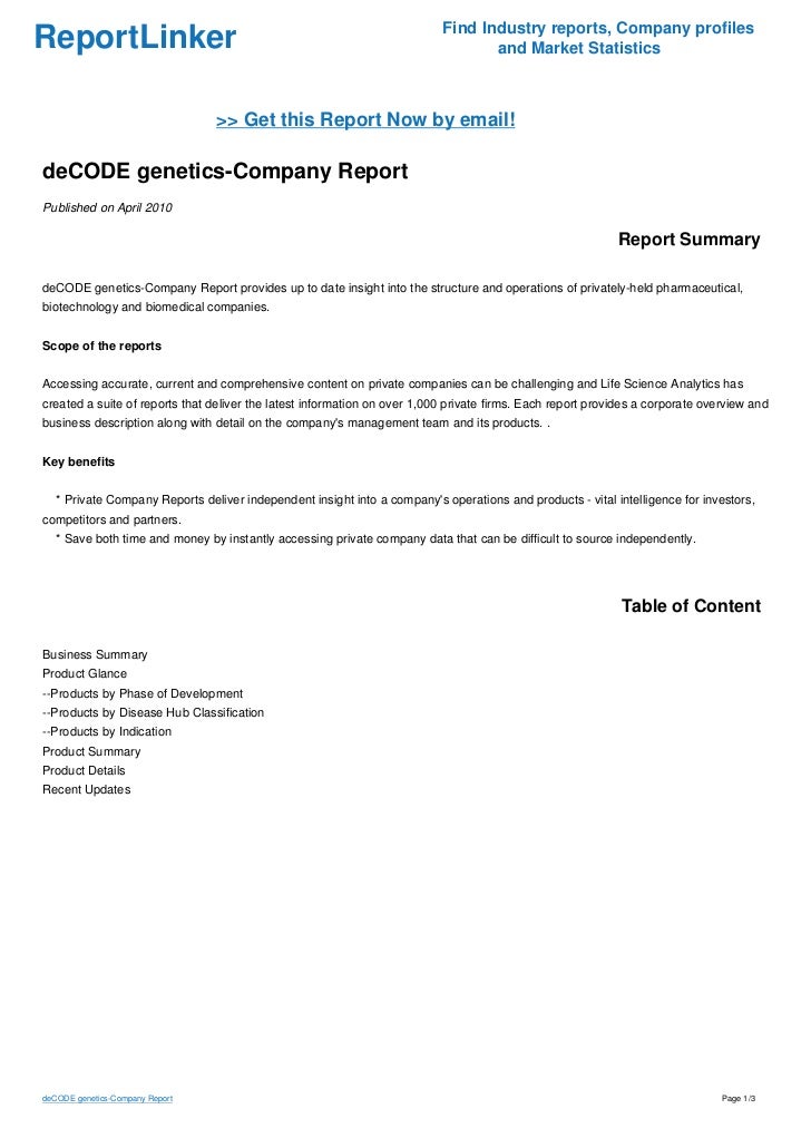 DeCODE Genetics Company Report