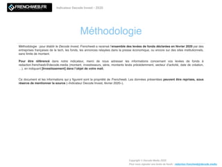 Méthodologie
Indicateur Decode Invest - 2020
Copyright © Decode Media 2020
Pour nous signaler une levée de fonds : redaction.frenchweb@decode.media
Méthodologie : pour établir le Decode Invest, Frenchweb a recensé l’ensemble des levées de fonds déclarées en février 2020 par des
entreprises françaises de la tech, les fonds, les annonces relayées dans la presse économique, ou encore sur des sites institutionnels,
sans limite de montant.
Pour être référencé dans notre indicateur, merci de nous adresser les informations concernant vos levées de fonds à
redaction.frenchweb@decode.media (montant, investisseurs, série, montants levés précédemment, secteur d’activité, date de création,
…), en indiquant [Investissement] dans l’objet de votre mail.
Ce document et les informations qui y ﬁgurent sont la propriété de Frenchweb. Les données présentées peuvent être reprises, sous
réserve de mentionner la source («Indicateur Decode Invest, février 2020»).
 
