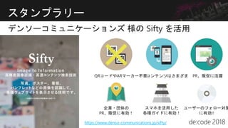 スタンプラリー
QRコードやARマーカー不要コンテンツはさまざま PR、販促に活躍
https://www.denso-communications.jp/sifty/
企業・団体の
PR、販促に有効！
スマホを活用した
各種ガイドに有効！
ユーザーのフォロー対策
に有効!!
 