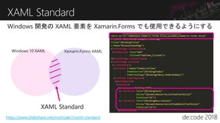 XAML Standard
Windows 10 XAML Xamarin.Forms XAML
XAML Standard
https://www.slideshare.net/mishizaki1/xaml-standard
 
