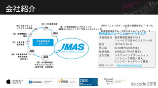 会社紹介
日本能率協会
グループ
（社）日本能率協会
（社）企業情報化
協会
（株）日本能率協会
総合研究所
(ＭＤＢ)
（社）日本プラント
メンテナンス協会
（社）日本工業
英語協会
（株）日本能率協会
マネジメントセンター
(能率手帳・出版事業)
（株）日本能率協会コンサルティング
(経営コンサルティング／ TPM コンサルティング)
株式会社ジェーエムエーシステムズ
本社所在地 東京都港区海岸1-16-1
ニューピア竹芝サウスタワー18F
設立 1971年11月1日
売上高 94.58億円(2016年度)
従業員数 389名(2017年4月現在)
主な活動 システムインテグレーション、
ソフトウェア販売／導入、
インフラ／ネットワーク構築
Web ページ http://www.jmas.co.jp/
 