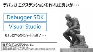 デバッガ エクステンションを作れば良いが・・・
※ デバッガ エクステンションとは
拡張コマンドが含まれているモジュール
複数の複雑なコマンドや、たくさんのオブジェクトに対して実行する場合に利用
Visual Studio
Debugger SDK
ちょっと作るのにハードル高い・・・
 