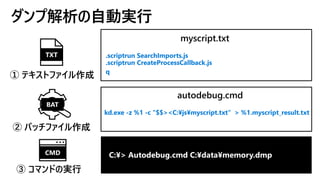 .scriptrun SearchImports.js
.scriptrun CreateProcessCallback.js
q
TXT
C:¥> Autodebug.cmd C:¥data¥memory.dmpCMD
kd.exe -z %1 -c "$$><C:¥js¥myscript.txt" > %1.myscript_result.txt
BAT
ダンプ解析の自動実行
 