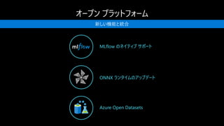 新しい機能と統合
MLflow のネイティブ サポート
ONNX ランタイムのアップデート
Azure Open Datasets
 