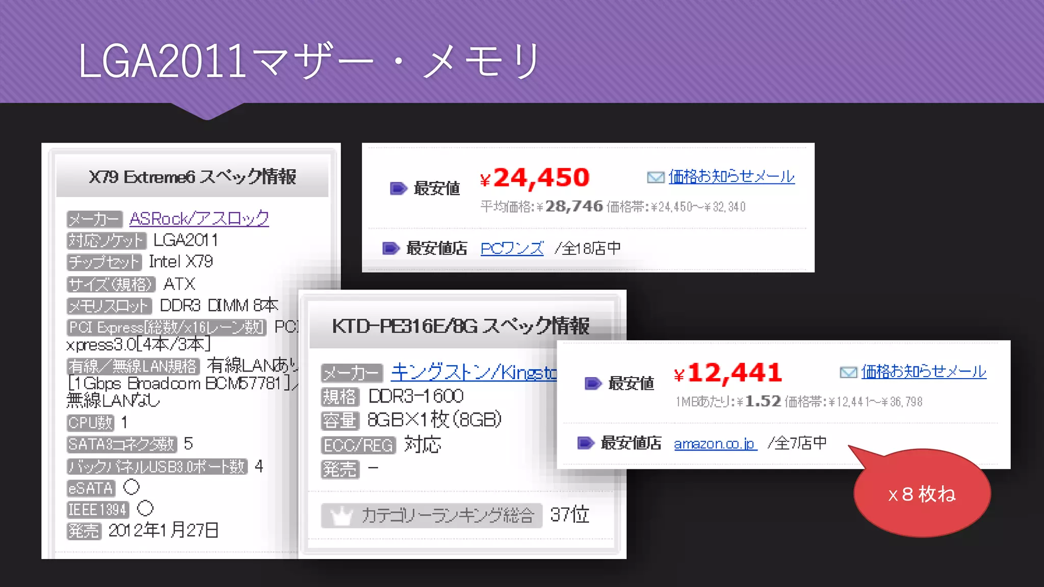 LGA2011マザー・メモリ 
x８枚ね  
