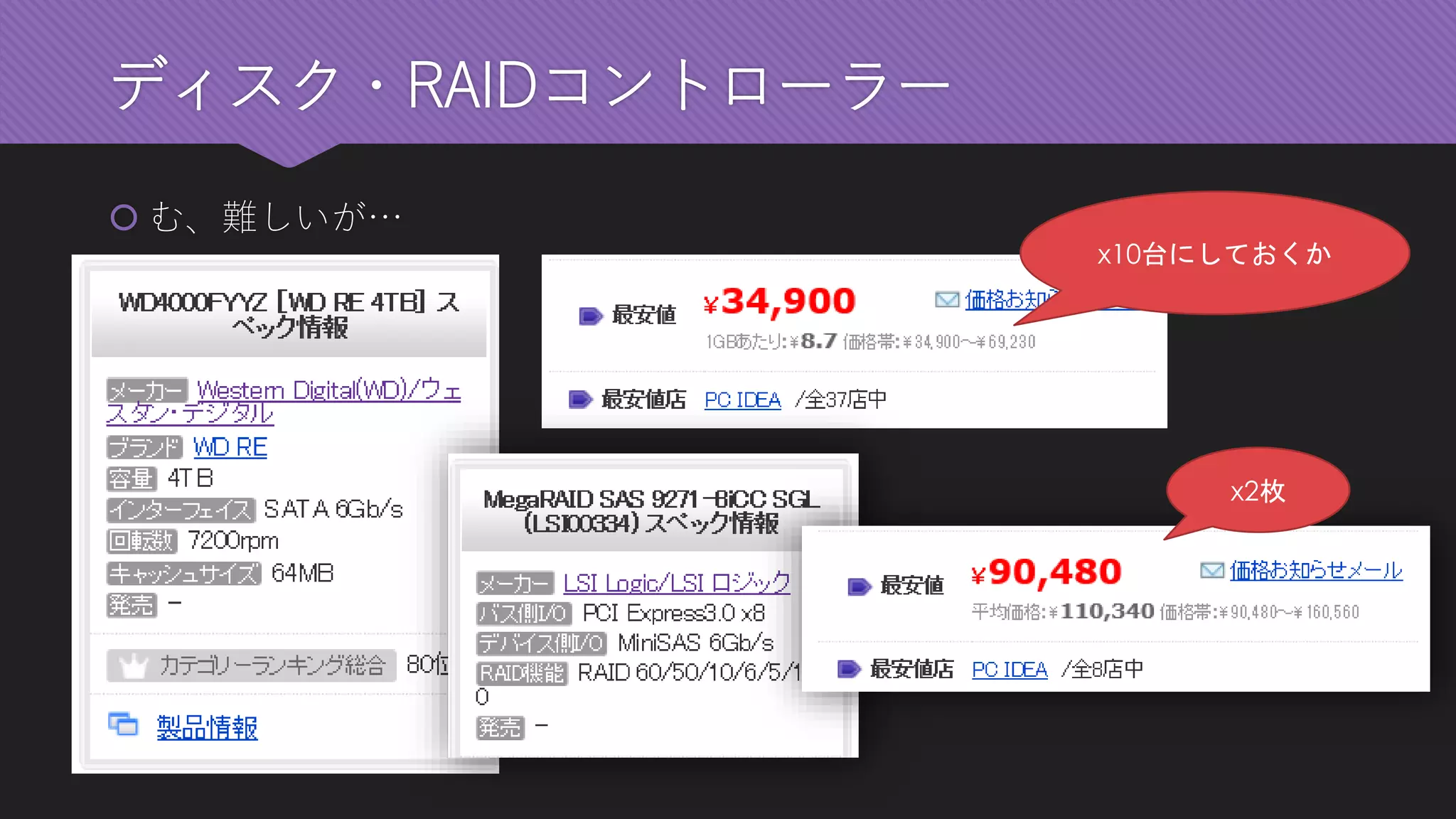 ディスク・RAIDコントローラー 
む、難しいが… 
x10台にしておくか 
x2枚  
