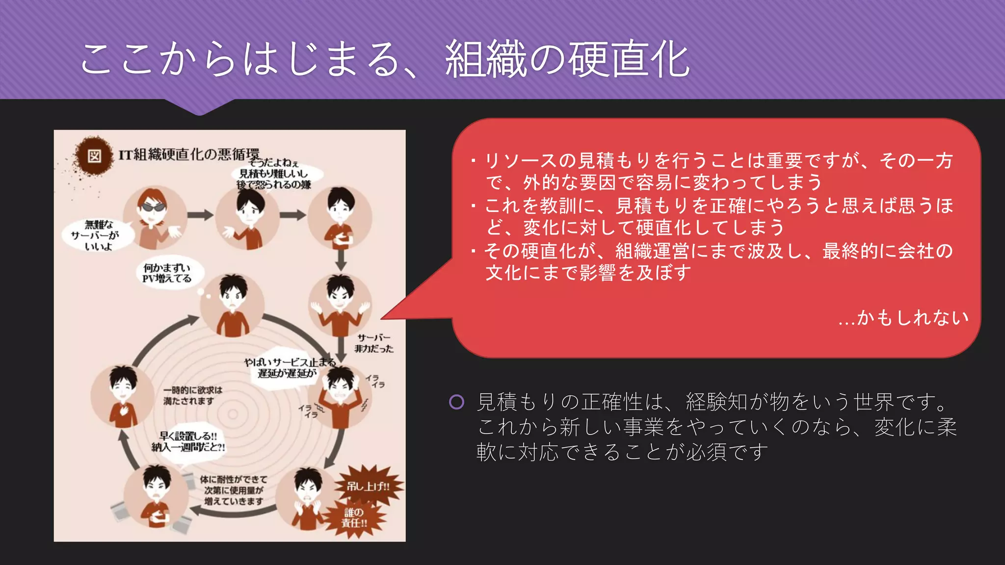 ここからはじまる、組織の硬直化 
・リソースの見積もりを行うことは重要ですが、その一方 で、外的な要因で容易に変わってしまう 
・これを教訓に、見積もりを正確にやろうと思えば思うほ ど、変化に対して硬直化してしまう 
・その硬直化が、組織運営にまで波及し、最終的に会社の 文化にまで影響を及ぼす 
…かもしれない 
見積もりの正確性は、経験知が物をいう世界です。 これから新しい事業をやっていくのなら、変化に柔 軟に対応できることが必須です  